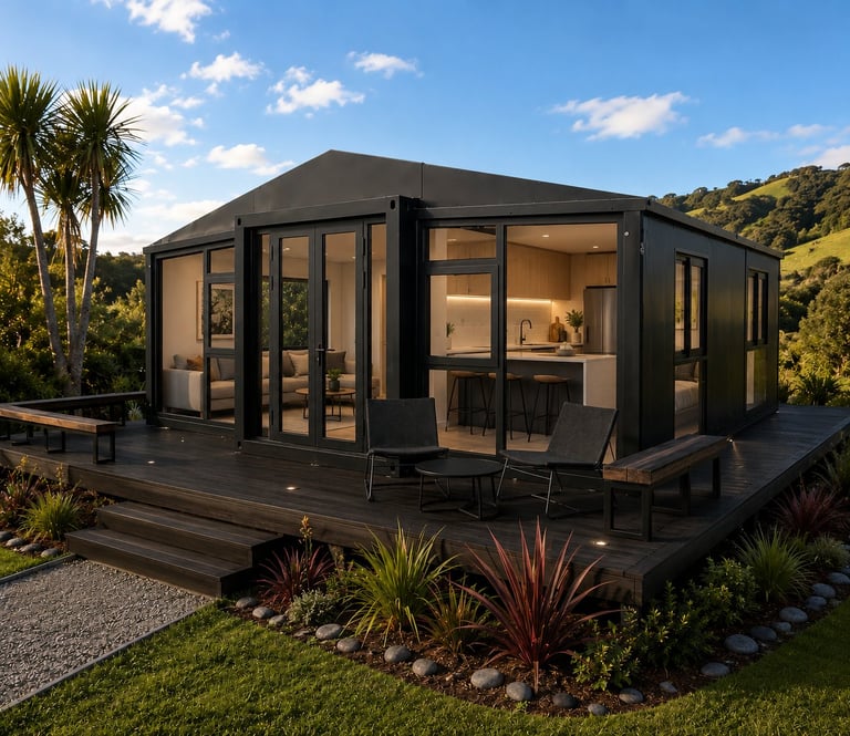 Modern black prefab home with extensive floor-to-ceiling windows, wooden deck, and tropical landscaping on hillside