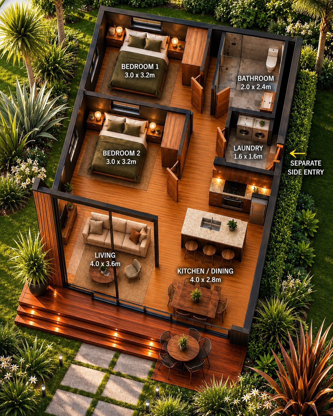 Overhead floor plan of a modern 2-bedroom apartment showing bedroom, bathroom, kitchen, living areas and outdoor deck surrounded by landscaping