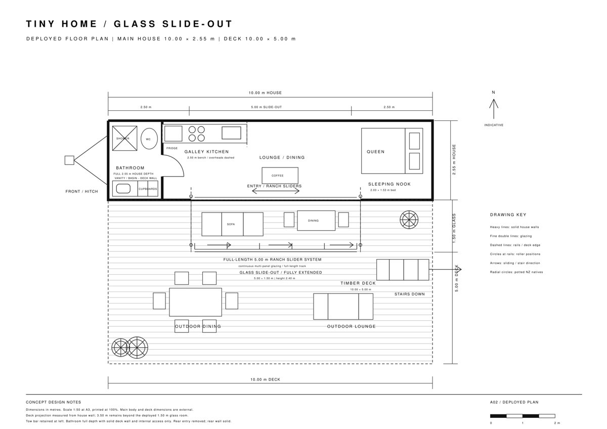 Architectural floor plan for a tiny home glass slide-out showing layout of living spaces, kitchen, bathroom, and bedroom areas.