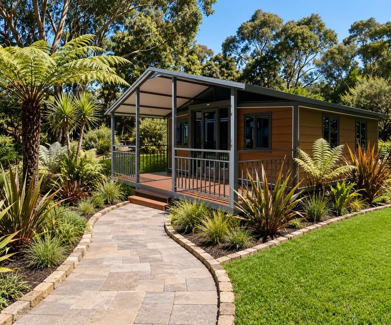 Modern brown and black residential cabin with covered porch, surrounded by native plants and manicured lawn with paved pathway leading to entrance.