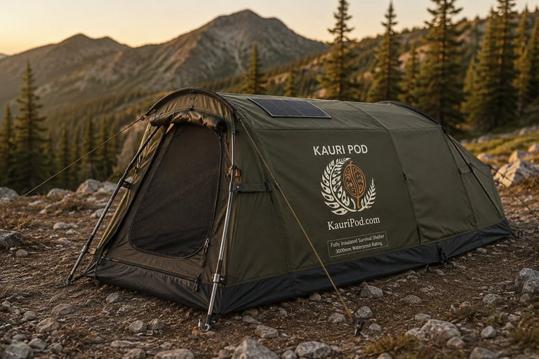 Dark green Kairipod tent set up on rocky mountain terrain with forested peaks and sunset sky in background