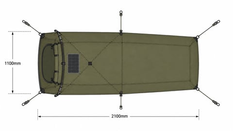 Top-down view of military sleeping bag with dimensions showing 2100mm length and 1100mm width, with corner attachment points