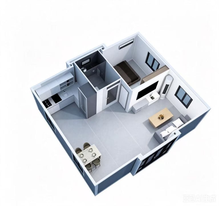 3D isometric floor plan of a one-bedroom apartment showing kitchen, bathroom, and living areas