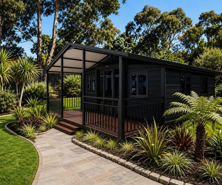 Modern black cabin with covered porch surrounded by native plants, palm trees, and paved pathway in landscaped garden setting