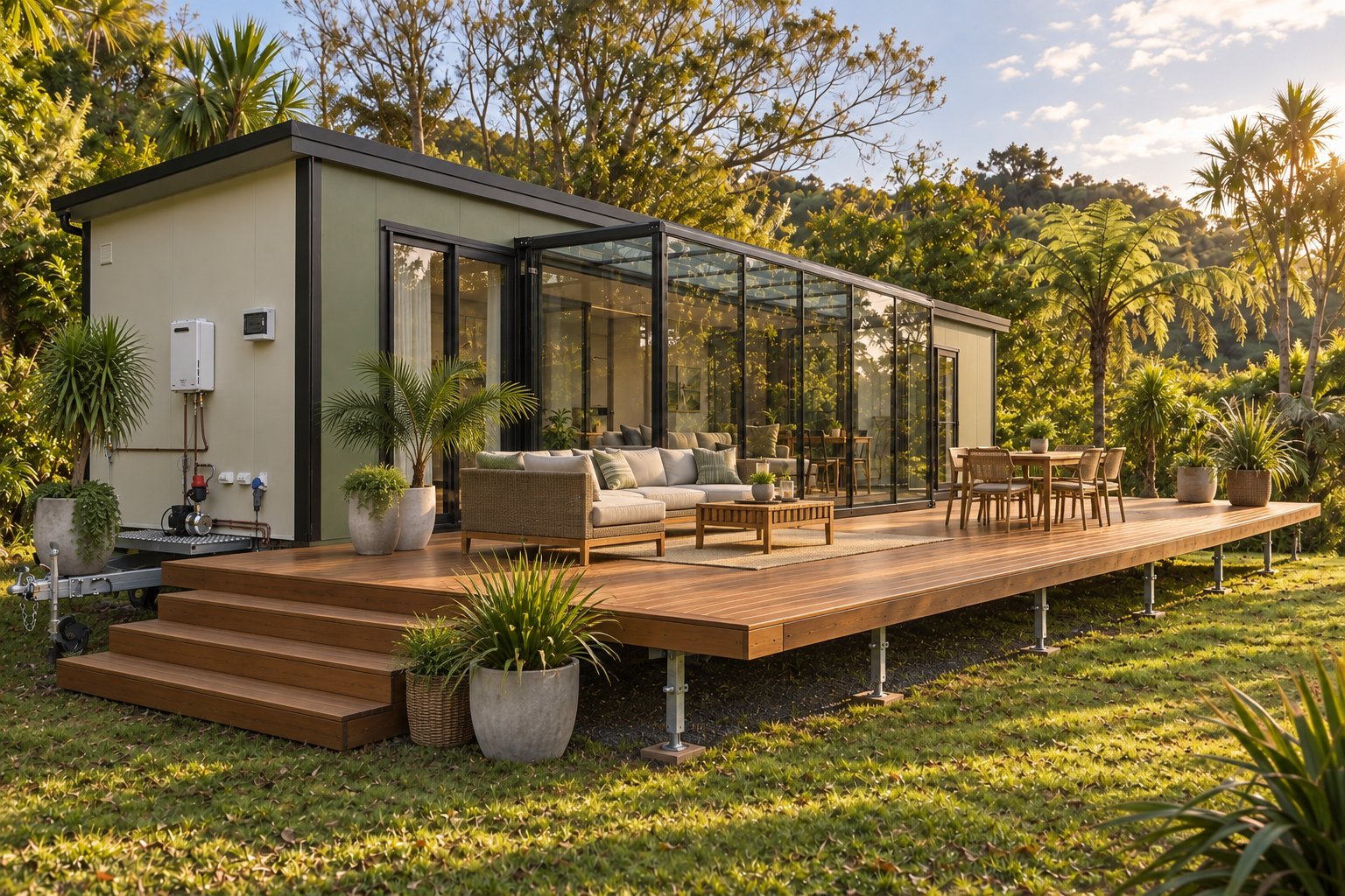 Modern prefab tiny home with glass walls and wooden deck surrounded by tropical landscaping and palm trees