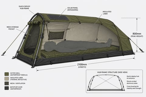 Diagram of a camping tent showing interior layout, dimensions, and structural components with labeled features including solar panels and ventilation