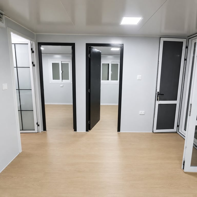 Empty modern office space with light wood flooring, white walls, recessed lighting, and multiple glass-paneled doors and entry points