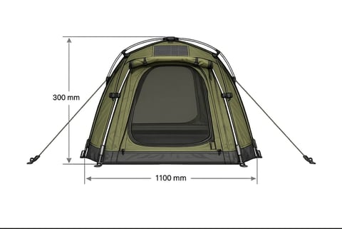 Green dome tent with dimensions showing 300mm height and 1100mm width