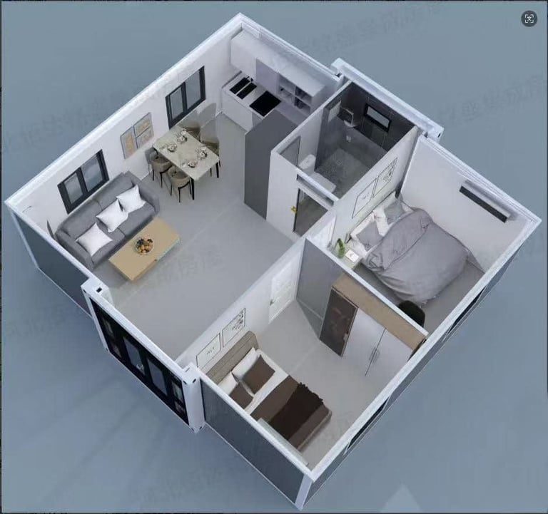 3D isometric floor plan of a one-bedroom apartment showing living room, kitchen, bedroom, and bathroom layout
