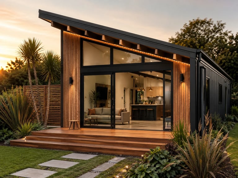 Modern tiny home with black and wood exterior, large glass doors, wooden deck, garden landscaping at sunset
