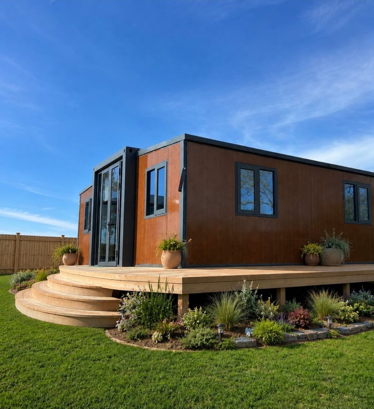 Modern tiny home with orange and brown exterior, wraparound wooden deck, large windows, and landscaped garden under blue sky