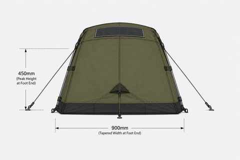 Olive green tent with black trim shown from front view, displaying 450mm peak height and 900mm tapered width measurements