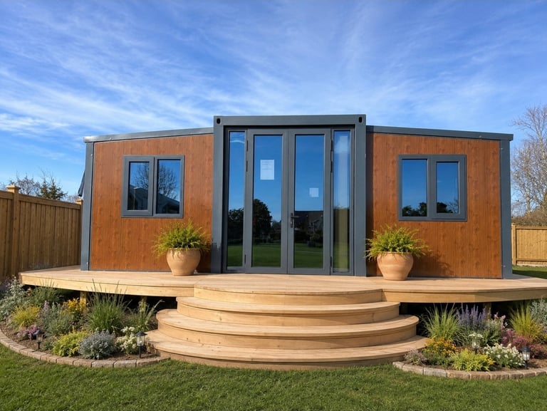 Modern prefab container home with rust-colored metal panels, large gray-framed windows, wooden deck entrance, and potted plants in landscaped yard