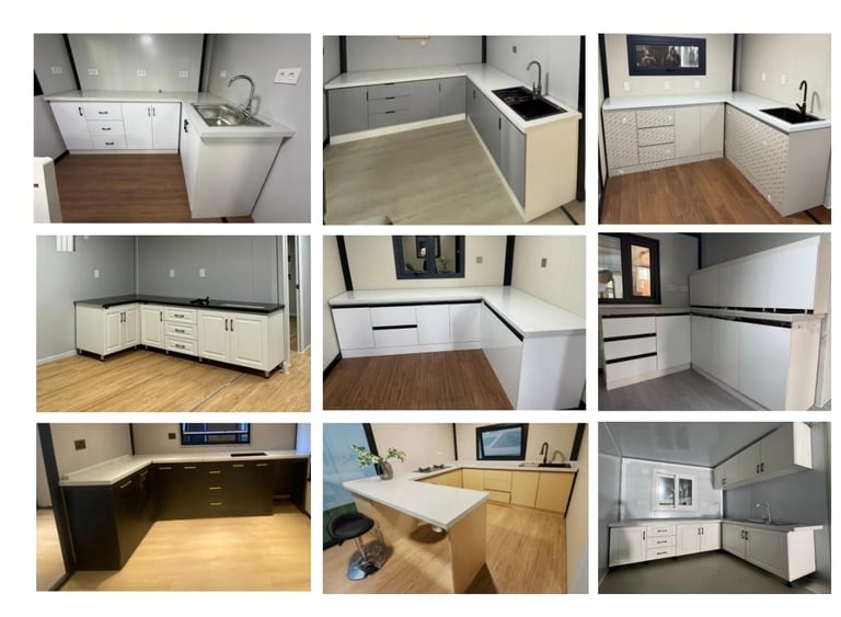 Grid of 9 photos showing kitchen cabinet and countertop installation stages, displaying various kitchen layouts and appliance placements.