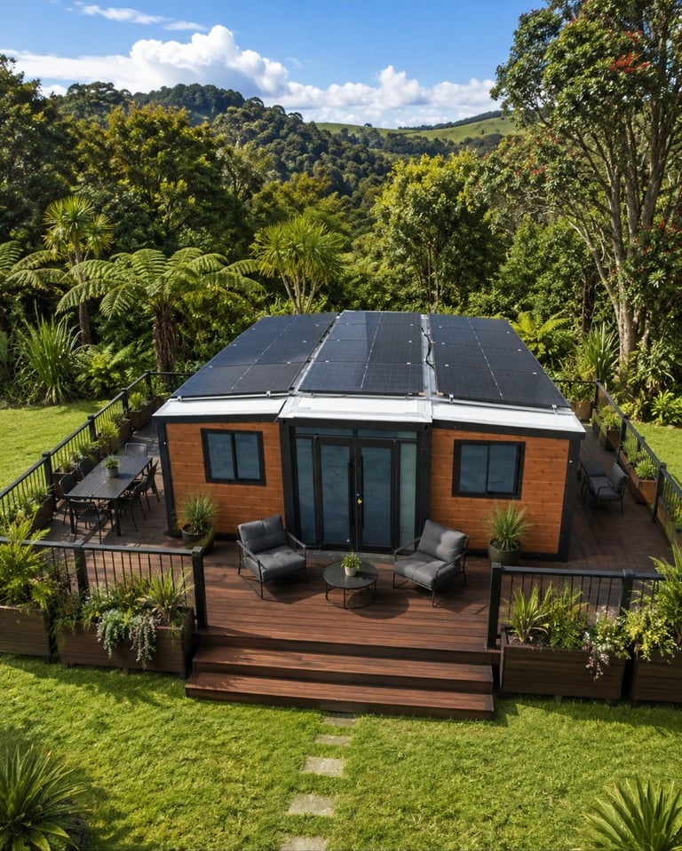 Modern eco-friendly home with solar panels, wood siding, and wooden deck surrounded by lush green vegetation and hills