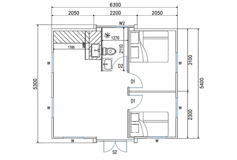 Floor plan layout showing bedroom, bathroom, kitchen and living areas with dimensions and furniture placement