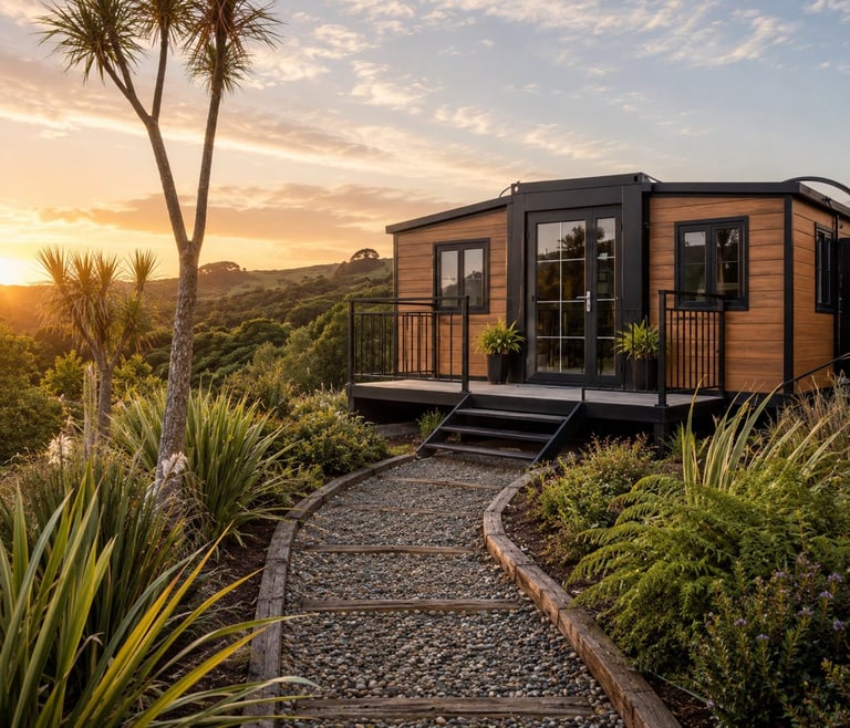 Modern wooden tiny house on stilts at sunset with palm trees and landscaped garden on hillside