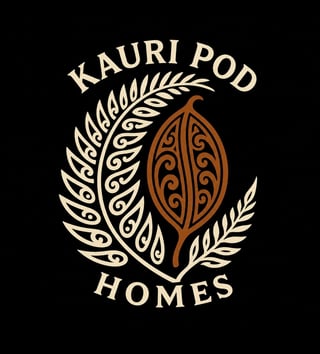 Kauri Pod Homes logo featuring a stylized brown kauri pod surrounded by white fern fronds on black background