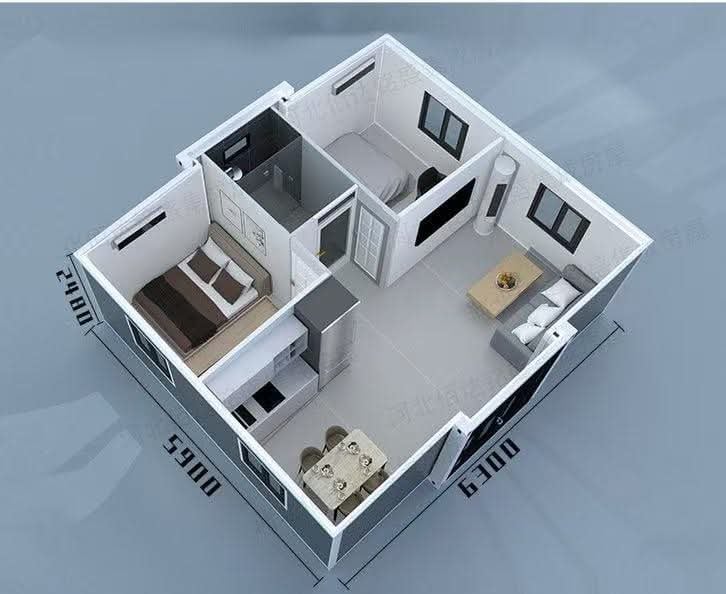 3D isometric floor plan of a small apartment showing layout with kitchen, bedroom, bathroom, and living areas