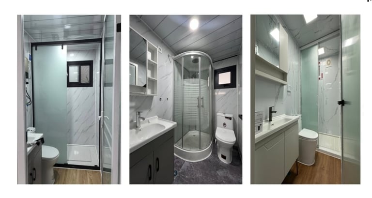 Three bathroom renovations showing shower stalls, toilets, and vanities with modern fixtures and tiling