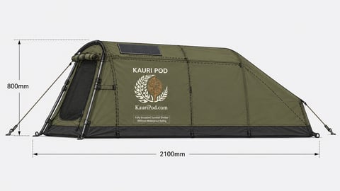 Kauri Pod tent with olive green fabric, black frame, and dimensions labeled as 2100mm wide and 800mm high