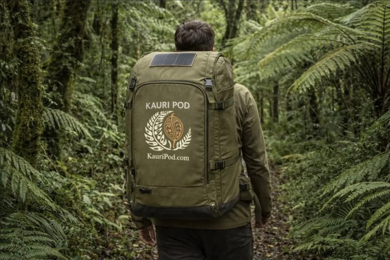 Person wearing olive green Kauri Pod backpack hiking through lush forest with ferns and dense vegetation